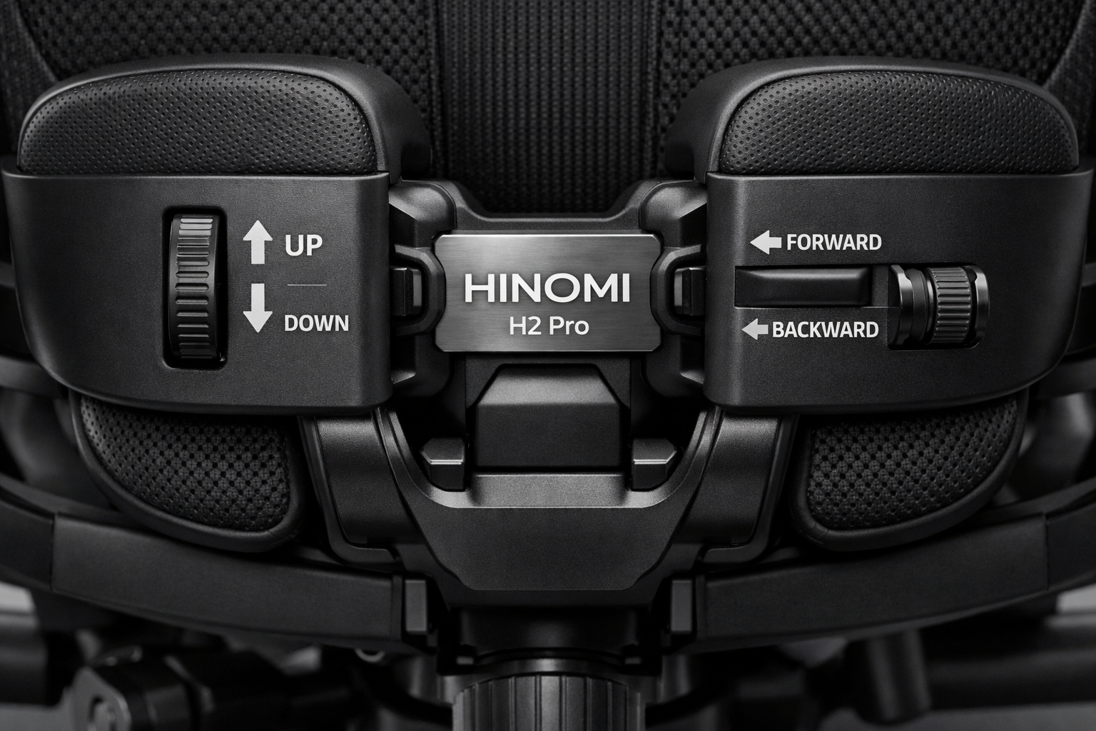 close-up detailed shot of the HINOMI H2 Pro lumbar support system showing the independently adjustable mechanism with up-down and forward-ba