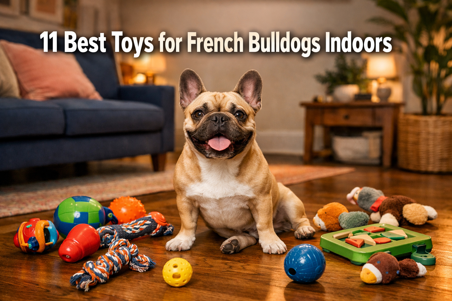 Professional landscape format (1536x1024) hero image featuring bold text overlay '11 Best Toys for French Bulldogs Indoors' in extra large 7