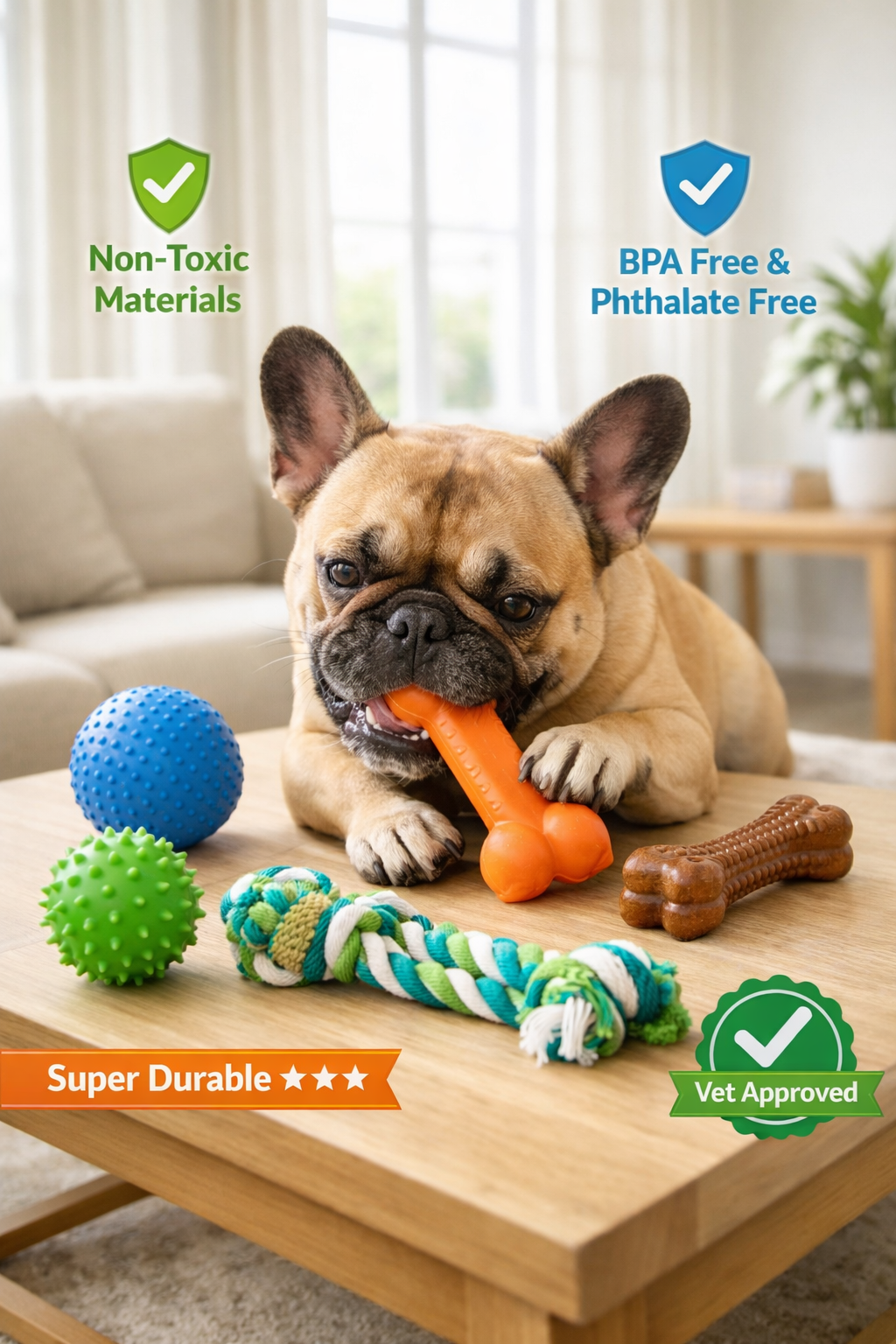 Portrait format (1024x1536) lifestyle image of French Bulldog playing with durable chew toys in bright apartment setting. Shows various safe