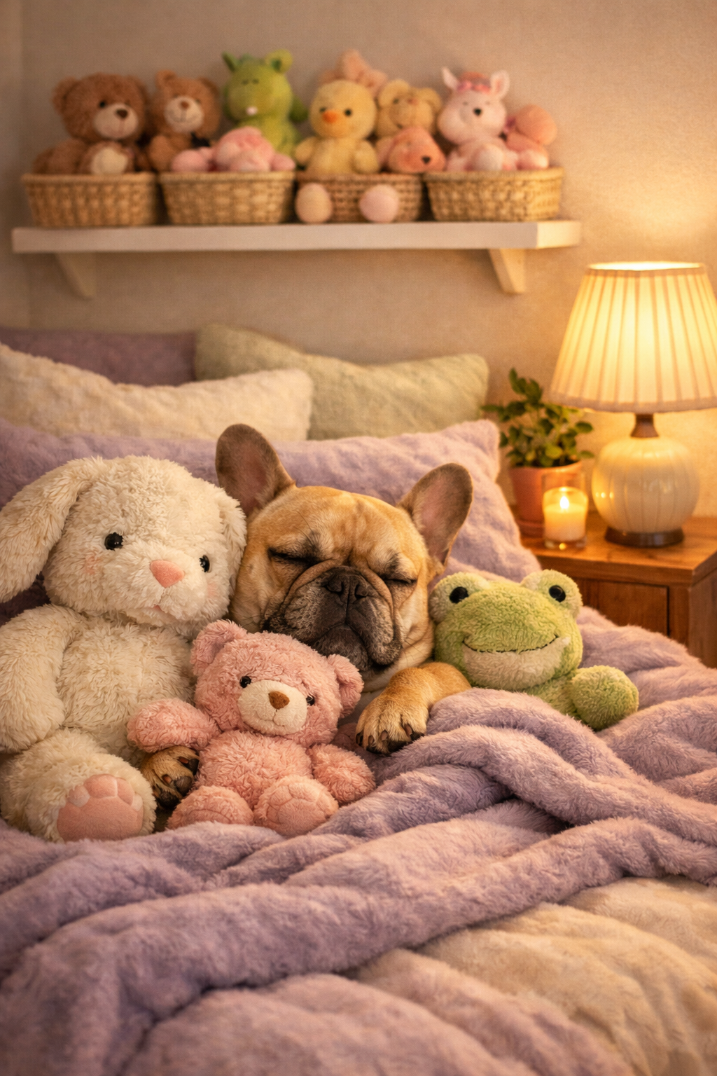 Portrait format (1024x1536) cozy scene of French Bulldog relaxing with comfort toys in apartment bedroom. Soft plush toys, calming lavender-