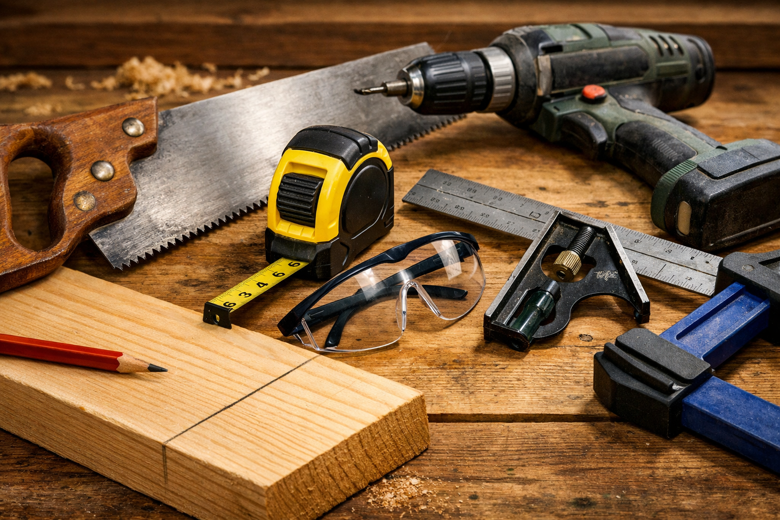 A close-up, dynamic () shot of essential woodworking tools for beginners, arranged neatly on a wooden workbench. Focus on a