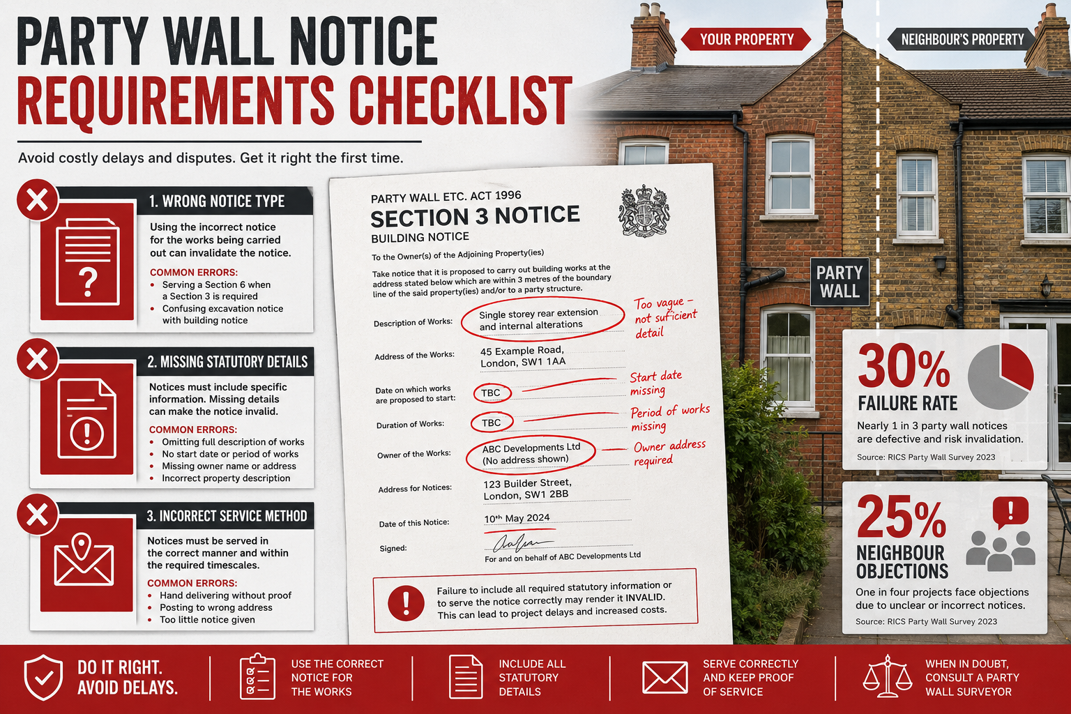 Detailed () infographic-style illustration showing a checklist of party wall notice requirements with red X marks on common