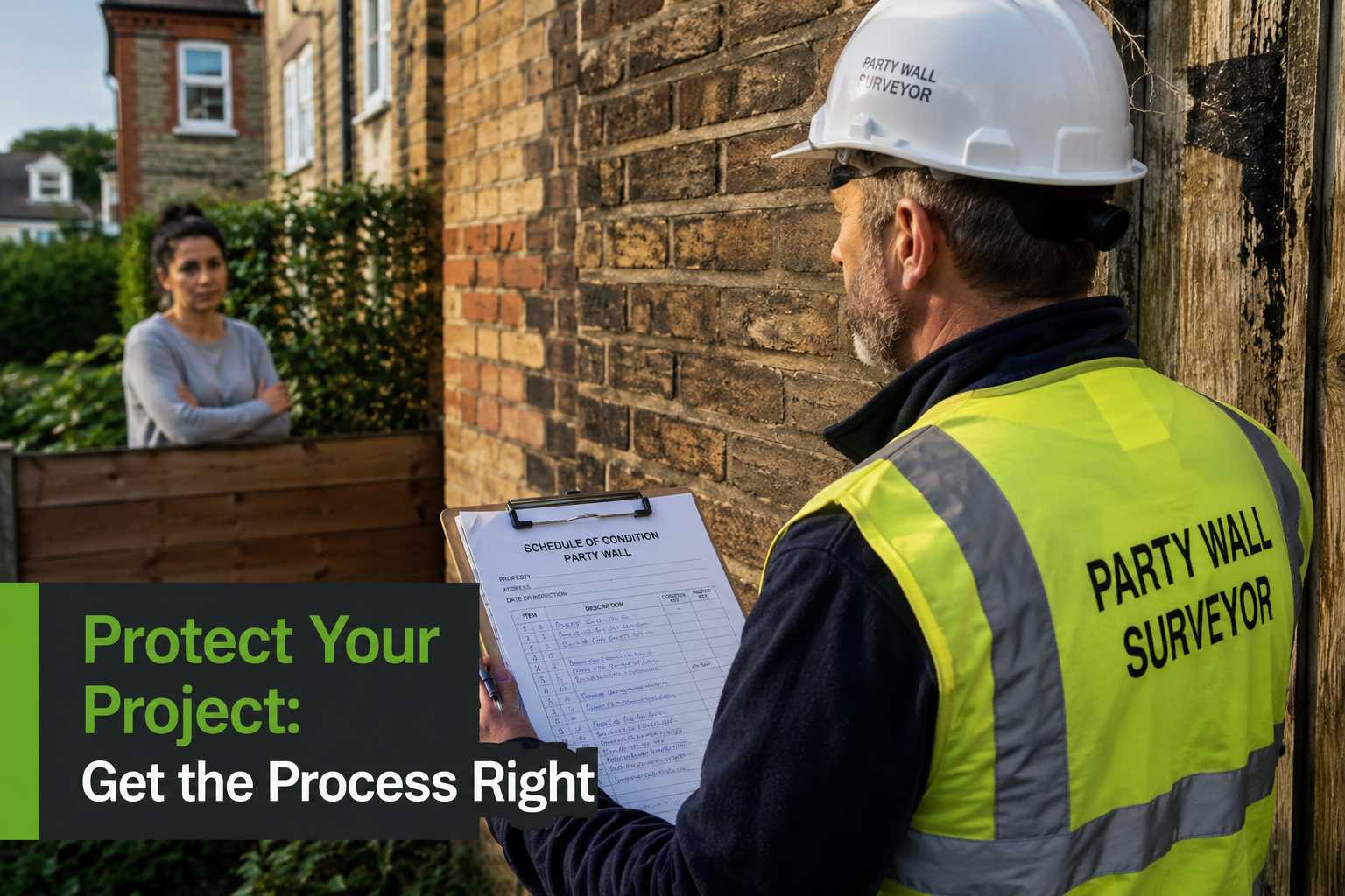 () close-up editorial photograph of a professional party wall surveyor in a hard hat and hi-vis vest standing at a shared