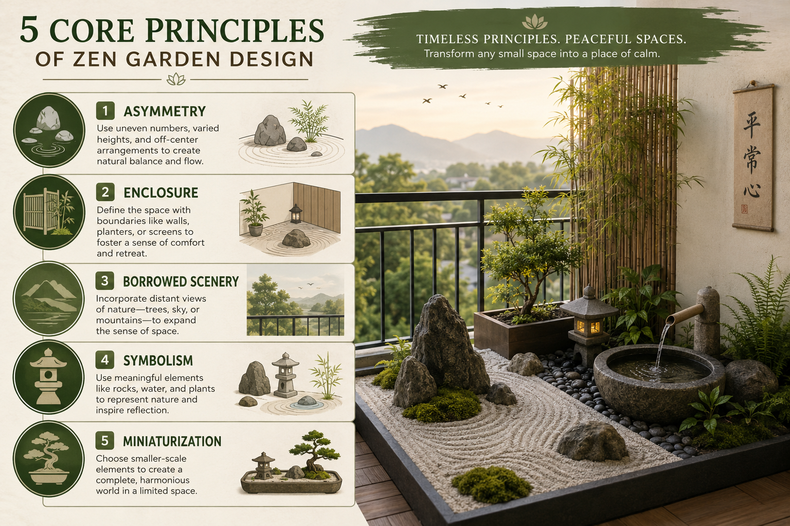 A meticulously designed infographic illustrating the five core principles of Zen garden design (asymmetry, enclosure,