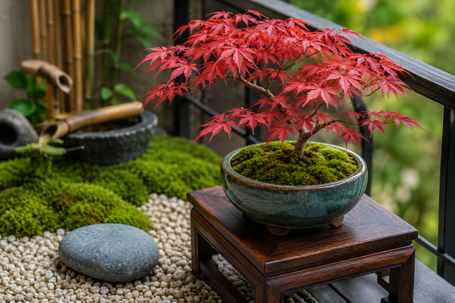 A vivid, close-up photograph of a thriving miniature Japanese maple (Acer palmatum) in a handcrafted ceramic pot, carefully