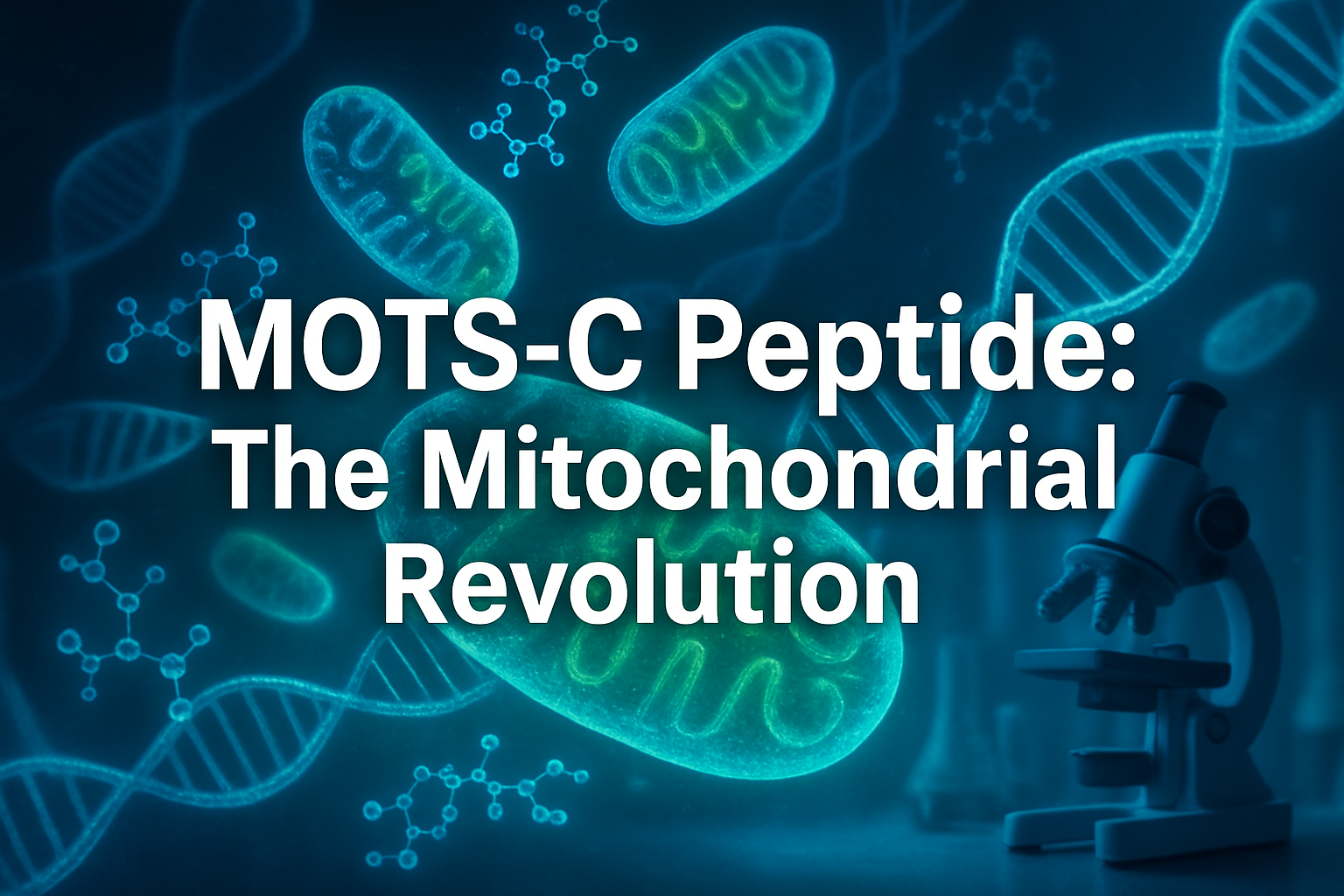 Professional landscape hero image (1536x1024) featuring bold text overlay 'MOTS-C Peptide: The Mitochondrial Revolution' in extra large 72pt