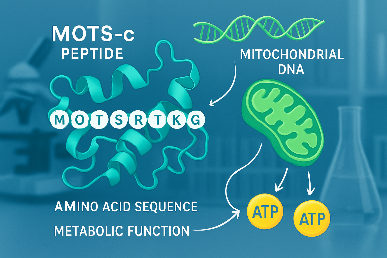 Detailed scientific illustration (1536x1024) showing MOTS-C peptide molecular structure with amino acid sequence visualization, mitochondria
