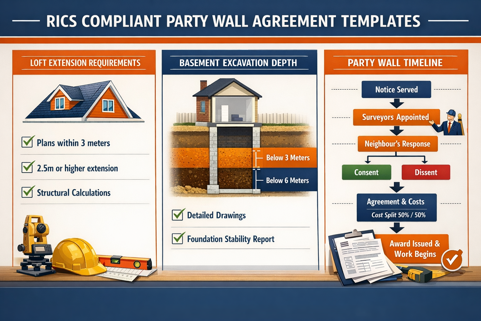 Professional landscape format (1536x1024) infographic-style image displaying three-column comparison table of RICS-compliant party wall agre