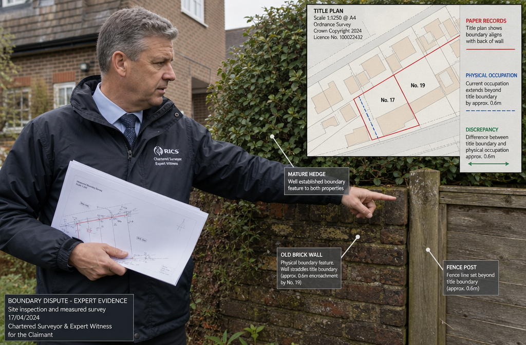 Detailed () editorial illustration showing a chartered surveyor expert witness standing at a boundary line between two
