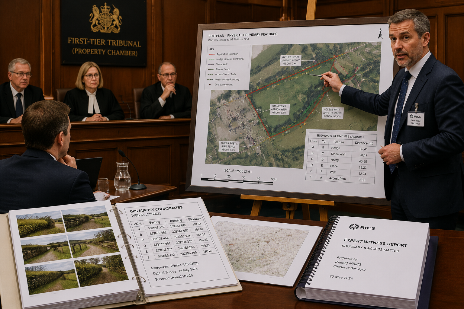 Detailed () courtroom scene showing a RICS-qualified expert witness surveyor presenting evidence at a UK property tribunal,