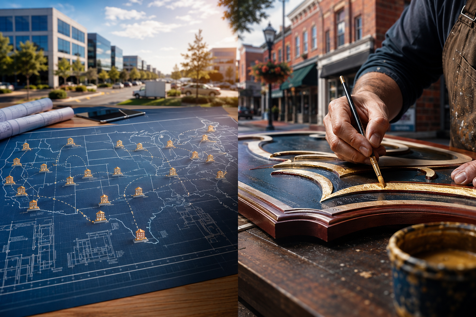 Editorial comparison image: on the left, a detailed blueprint of a multi-site national sign program with icons for numerous locations, representing project management and logistics; on the right, a close-up of a craftsperson's hands assembling a unique storefront sign, representing bespoke local service.