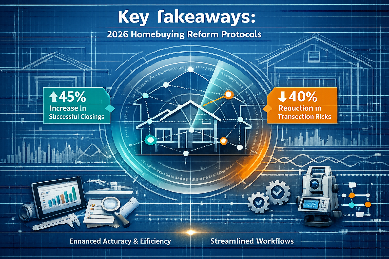 Infographic-style editorial visualization depicting 'Key Takeaways' for 2026 Homebuying Reform Protocols, featuring a