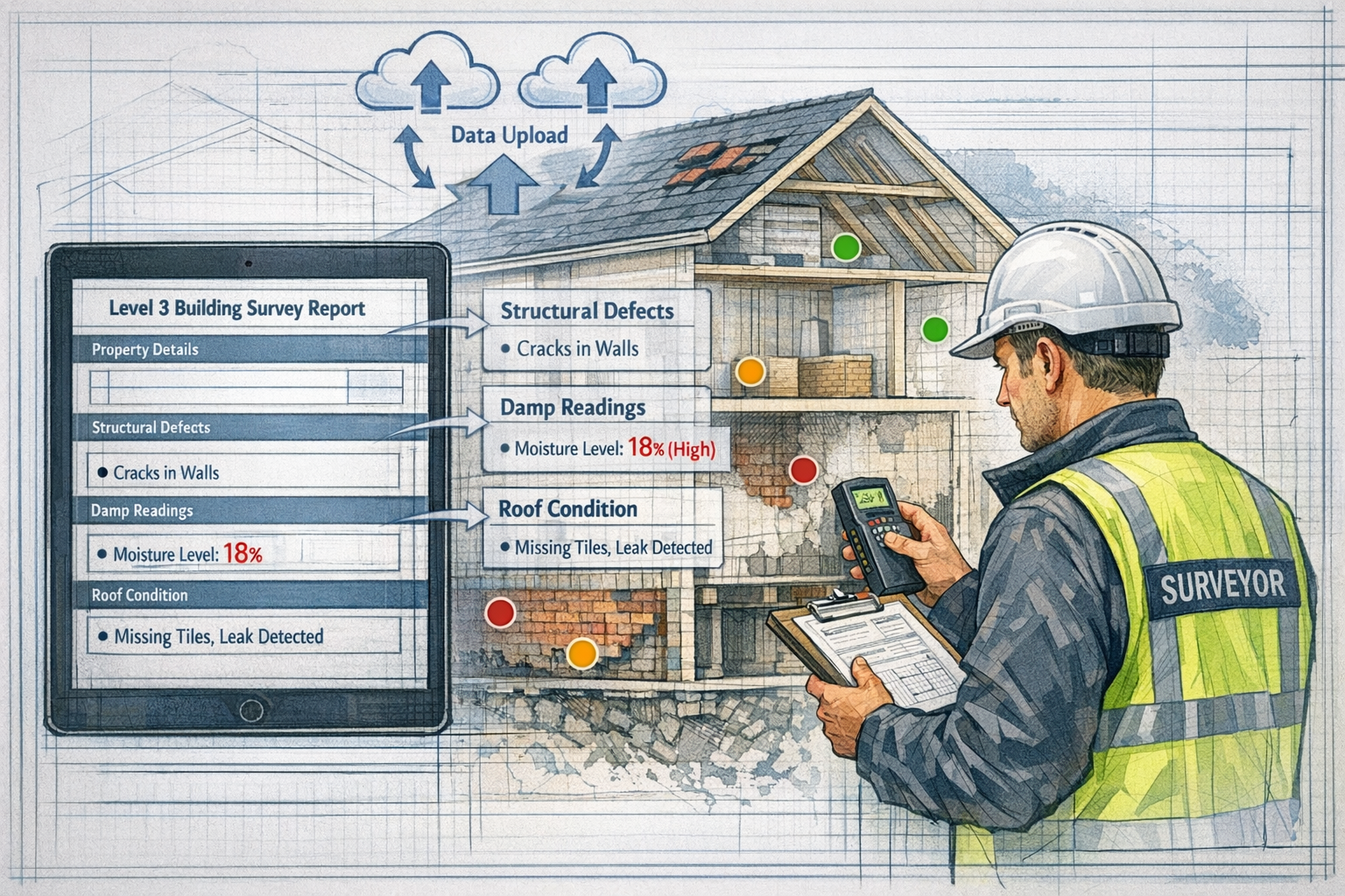 () detailed illustration showing chartered surveyor conducting comprehensive Level 3 building survey in residential