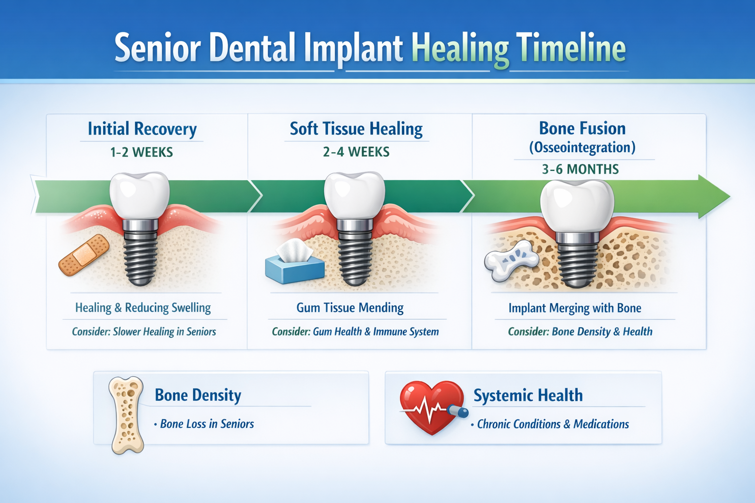 A visually informative infographic (1536x1024) detailing the various stages of senior dental implant healing time, from initial surgery to c