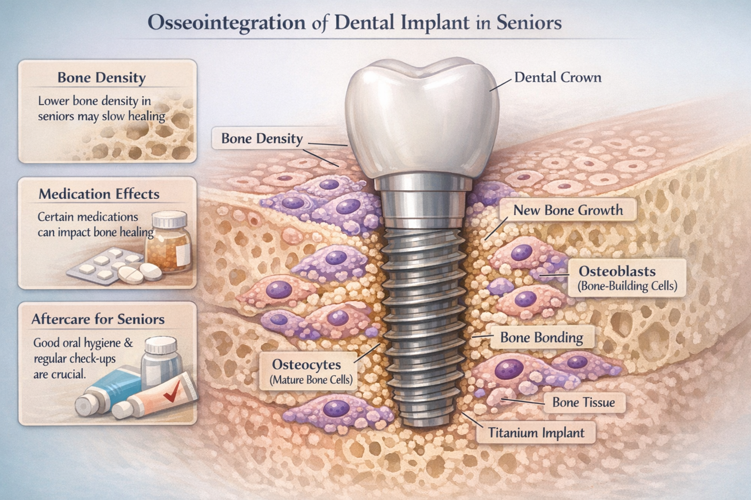 An anatomical illustration (1536x1024) showcasing the microscopic process of osseointegration, specifically within the context of senior den