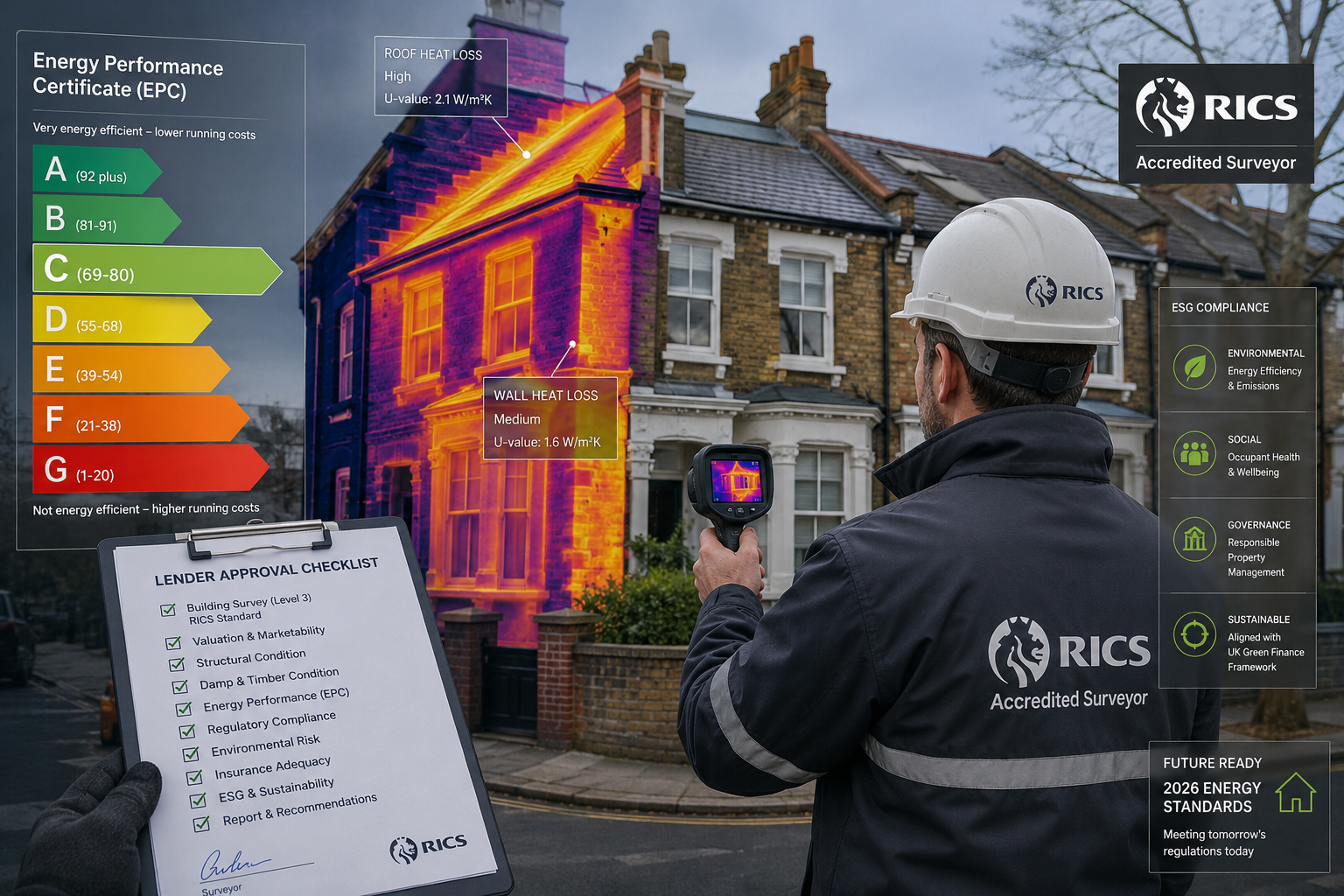 Wide-angle editorial illustration showing a RICS-accredited surveyor conducting a Level 3 building survey on a Victorian