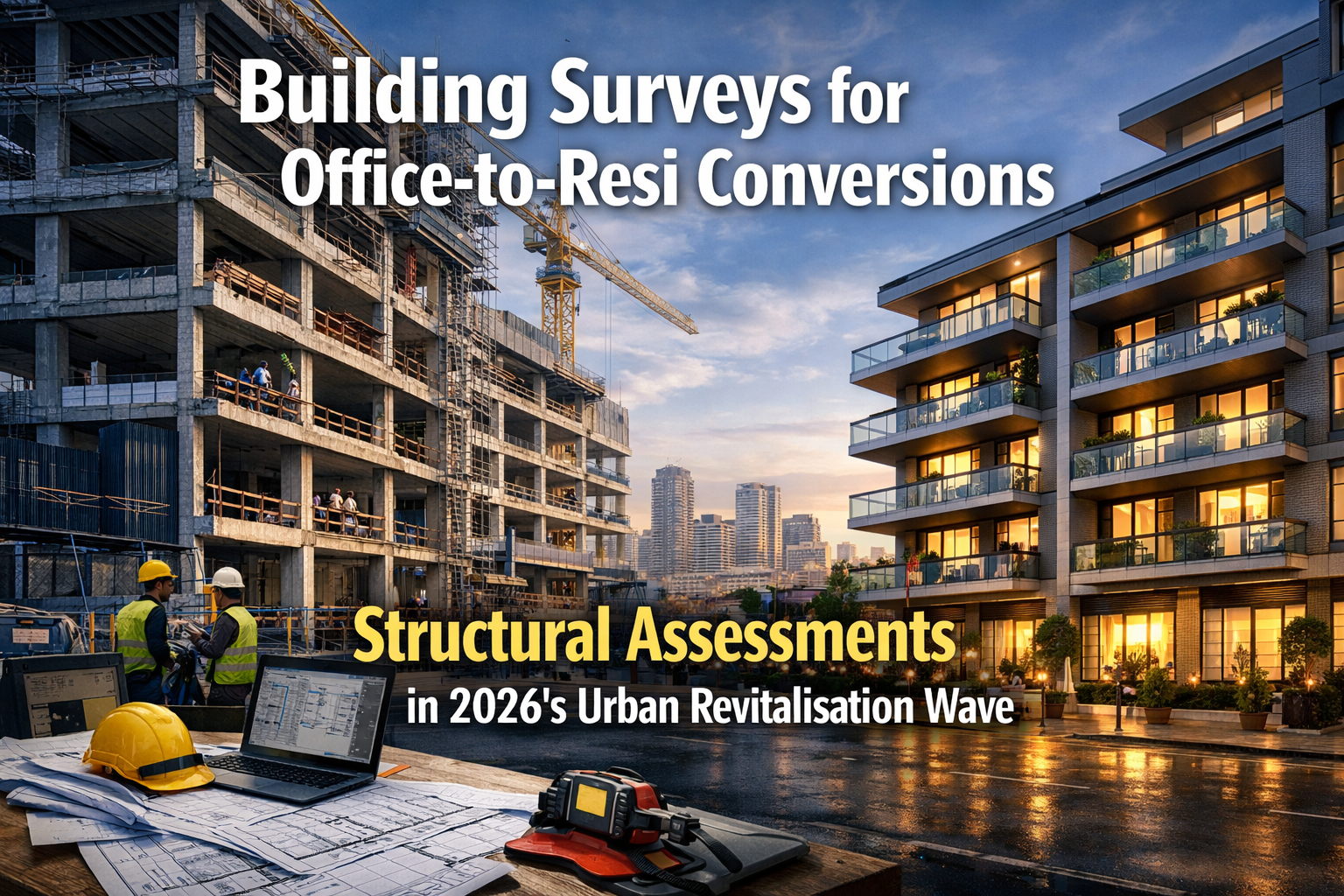 Professional landscape hero image (1536x1024) with bold text overlay: "Building Surveys for Office-to-Resi Conversions: Structural Assessmen