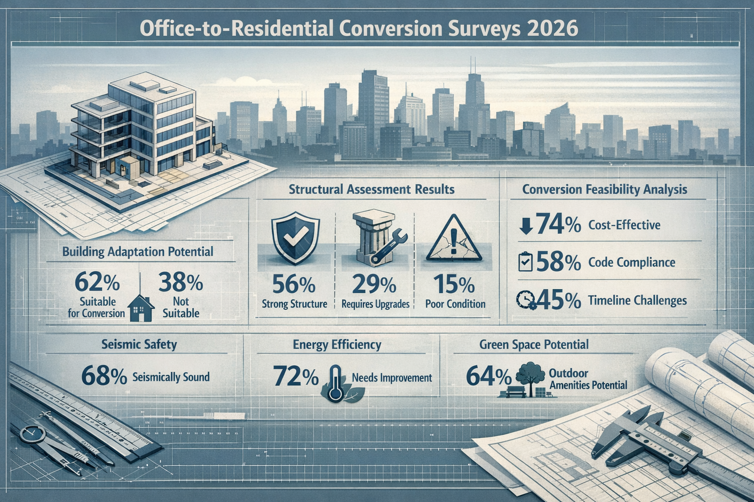 Isometric infographic visualizing key takeaways of office-to-residential conversion surveys in 2026, featuring architectural blueprints, str