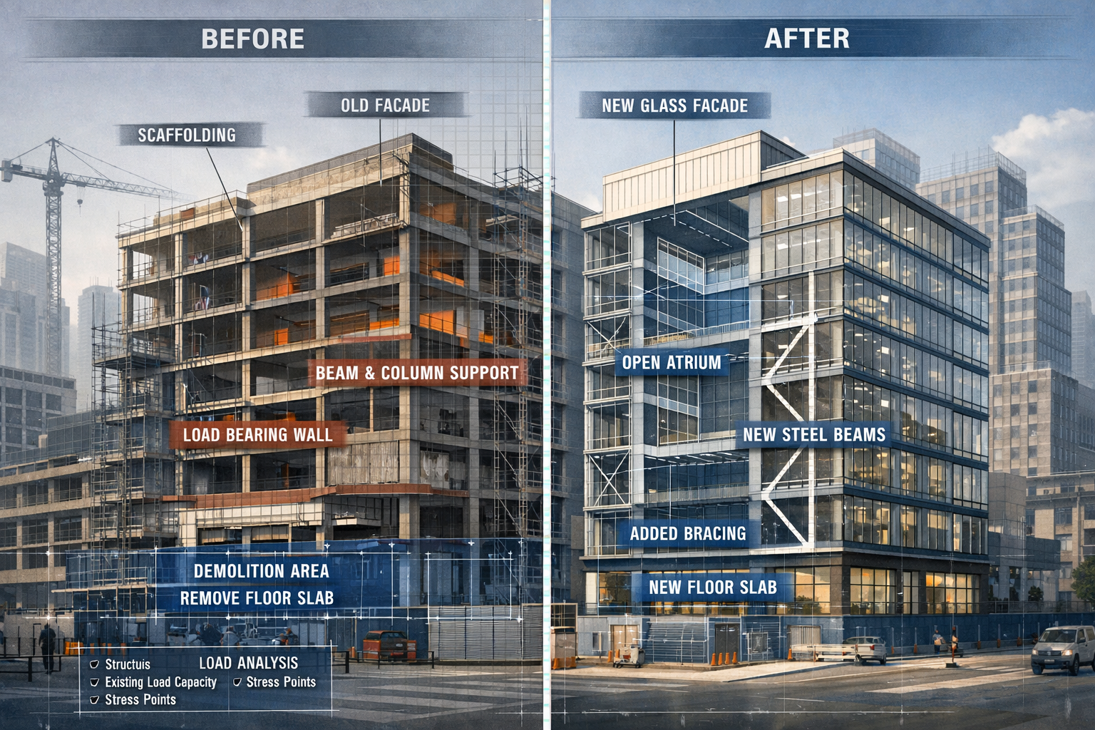 Photorealistic urban landscape rendering showing multiple office buildings in transformation process, split-screen visualization demonstrati