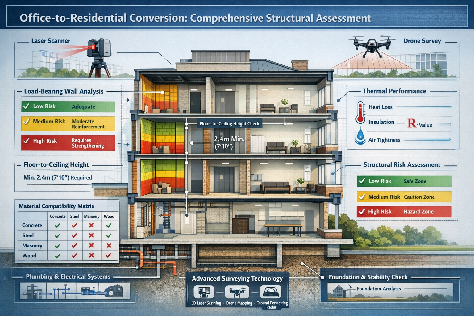 Technical cross-section diagram illustrating comprehensive structural assessment components for office-to-residential conversions, featuring