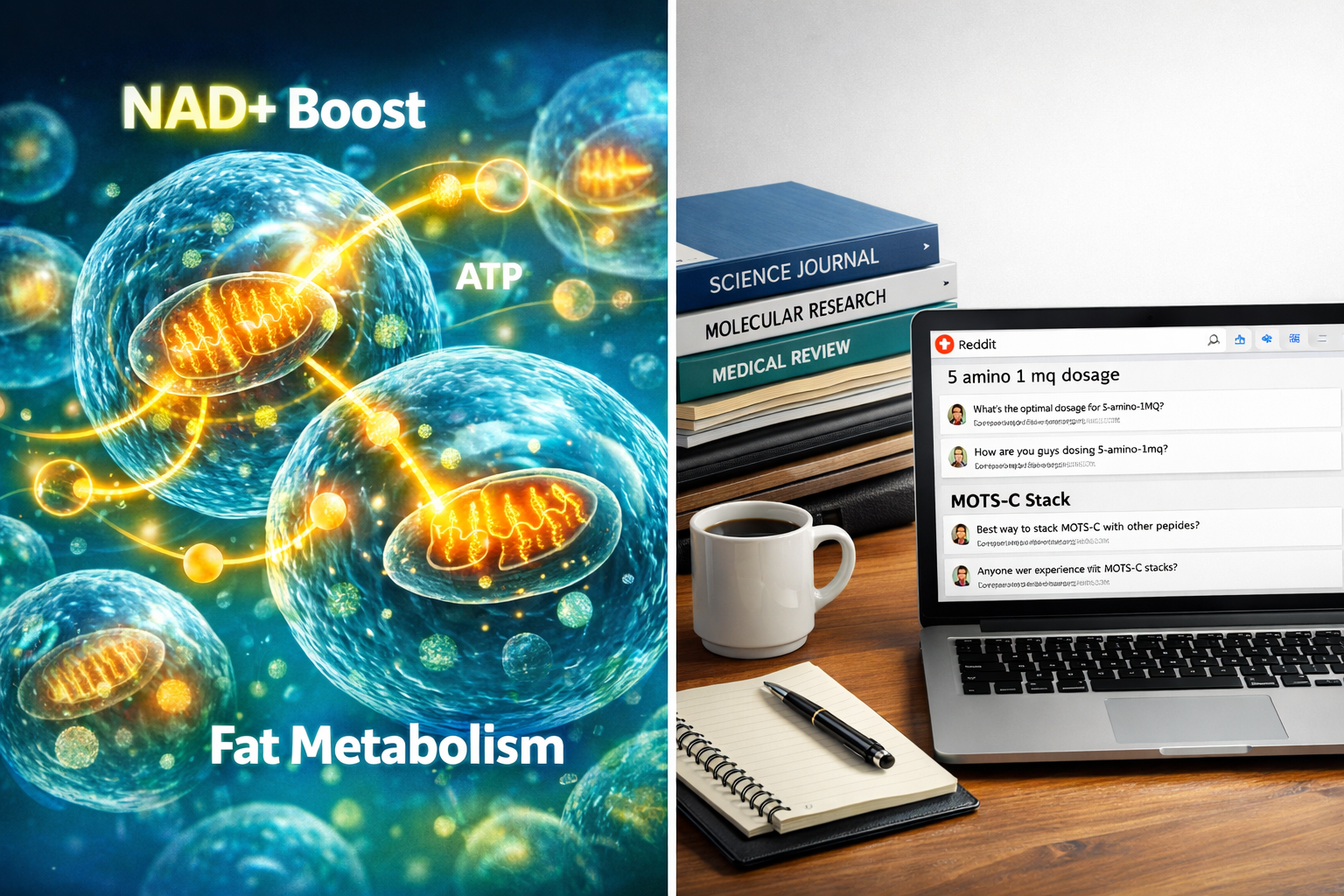 A landscape image (1536x1024) with a split composition. One side shows a stylized representation of human cells undergoing metabolic process