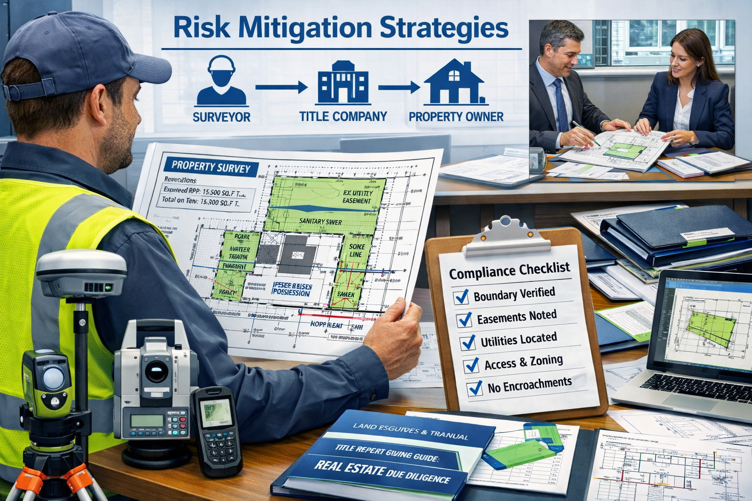 Detailed landscape format (1536x1024) image showing risk mitigation strategies with professional surveyor reviewing comprehensive survey doc