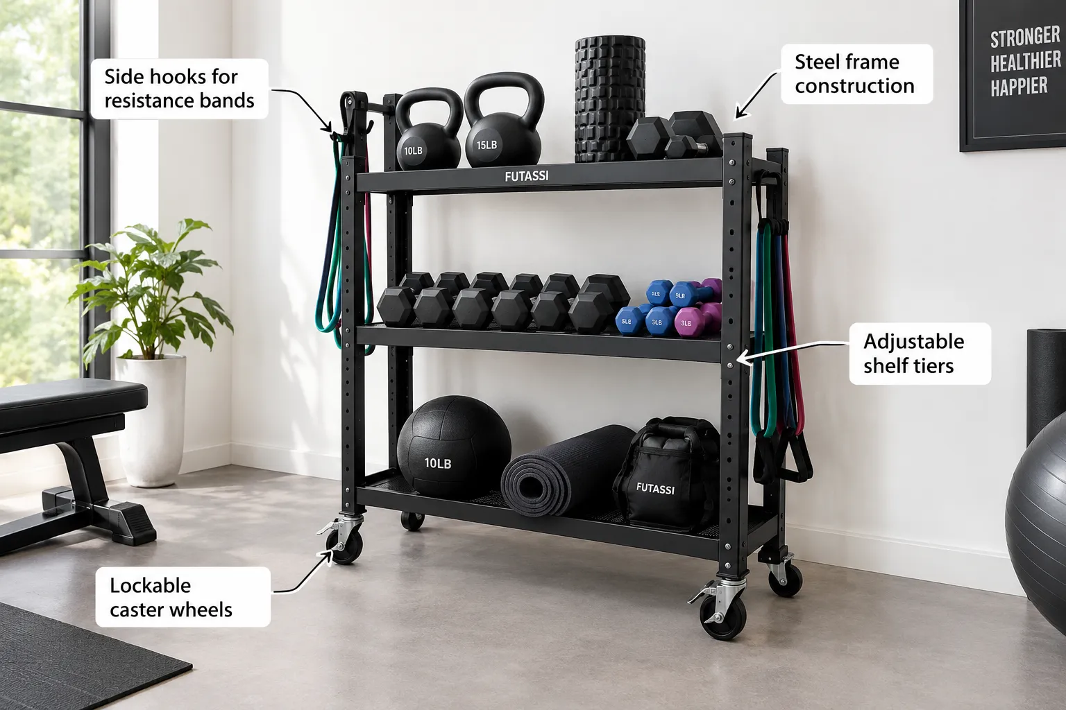 Futassi Home Gym Storage Annotated documentary photo of a black steel 3-tier Futassi home gym storage rack in a bright home gym, with 4 short callout labels pointing to: lockable caster wheels, side hooks for resistance bands, adjustable shelf tiers, steel frame construction. Clean white wall background, natural daylight, editorial product photography style. What Is Futassi Home Gym Storage and How Does It Work