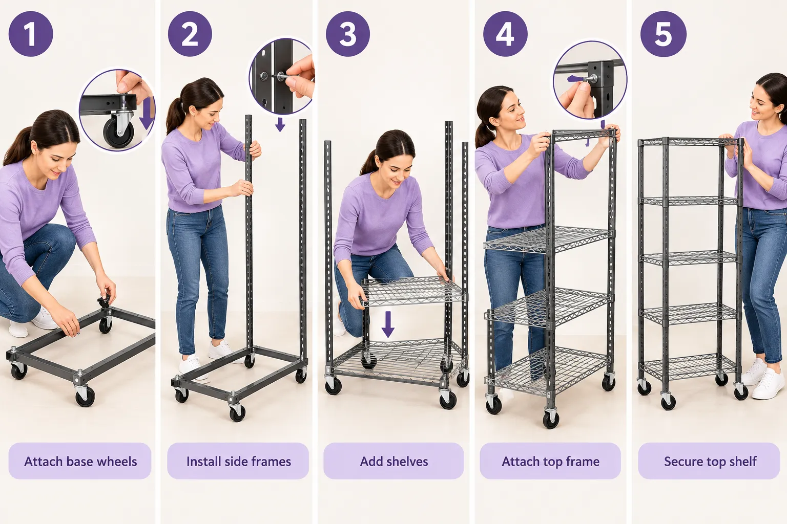Futassi Home Gym Storage Numbered step-by-step assembly flow diagram, five steps shown left to right, each step showing hands assembling a steel storage rack frame with wheels and shelves, small captions under each step like 'attach base wheels' and 'secure top shelf', bright studio lighting, clean instructional illustration style. Best Futassi Home Gym Storage Alternatives