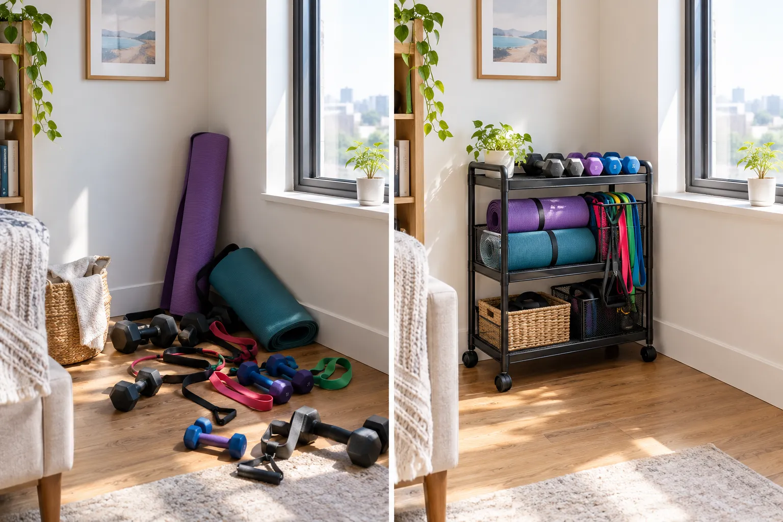 Futassi Home Gym Storage Before and after split panel image, left side shows a cluttered small apartment corner with scattered dumbbells, yoga mats and resistance bands on the floor, right side shows the same corner organized with a compact wheeled storage rack holding all equipment neatly, bright natural light, editorial home-organization photography. Where Can I Buy Futassi Home Gym Storage