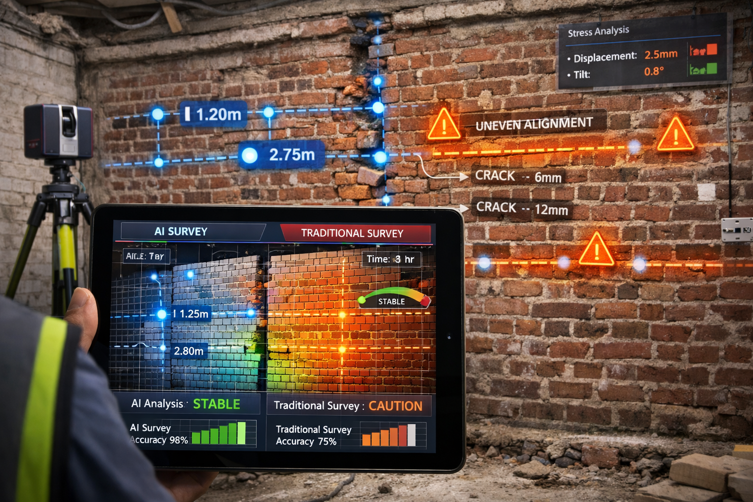 Detailed landscape format (1536x1024) image showing AI-powered surveying technology in action at a party wall site. Foreground displays tabl
