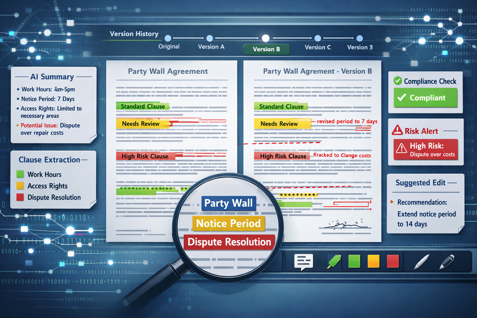 Detailed landscape format (1536x1024) image illustrating AI contract review and analysis for party wall agreements. Central focus shows mult