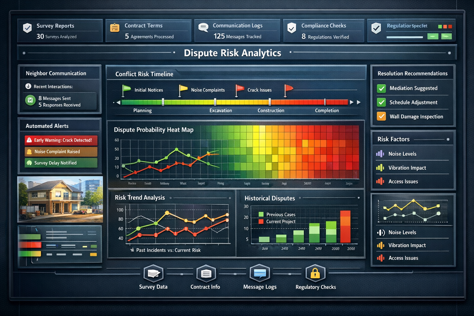 Detailed landscape format (1536x1024) image depicting AI-powered dispute prevention dashboard for party wall projects. Central display shows