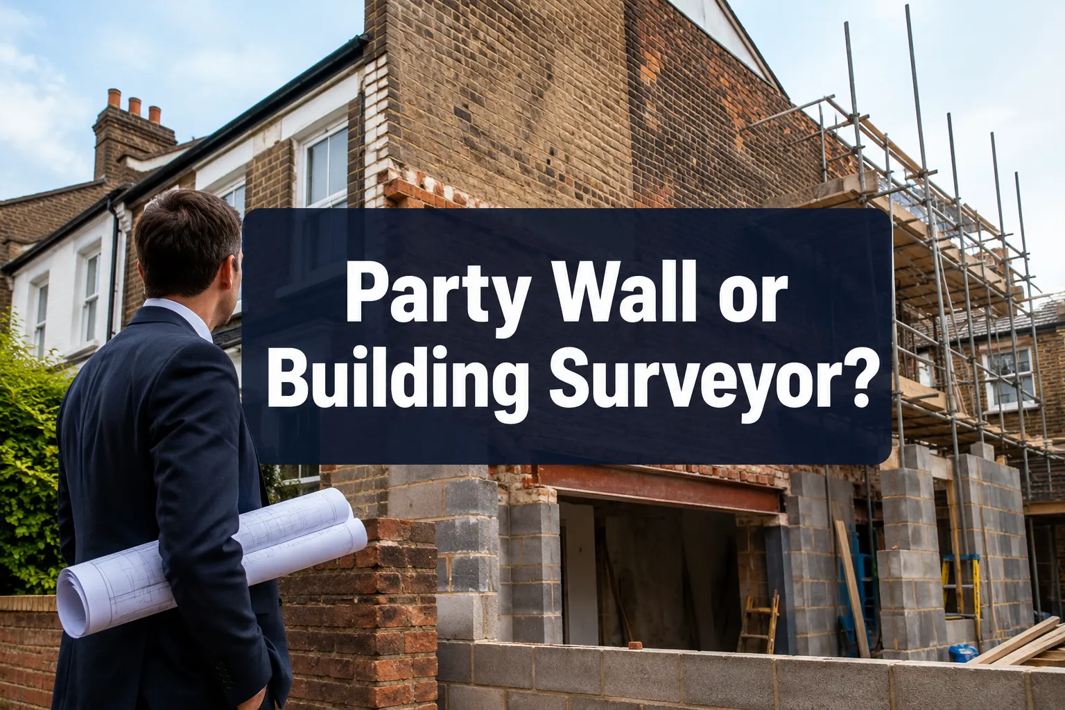 Professional () hero image with (≤42 chars): 'Party Wall or Building Surveyor?' in crisp white on a deep navy