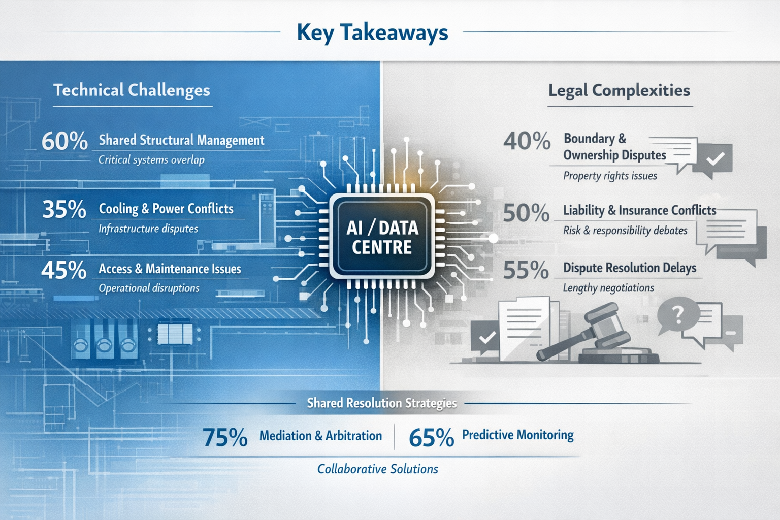 Key Takeaways section infographic visualizing party wall agreement complexity in 2026 data centre expansions. Split-screen