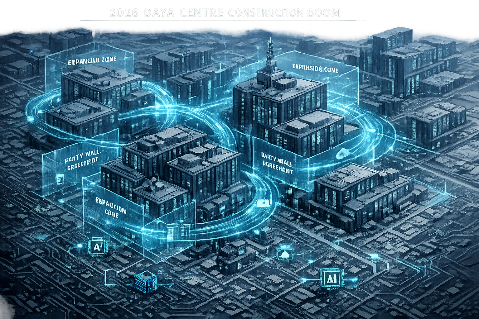 Illustration depicting the 2026 Data Centre Construction Boom, featuring a futuristic urban landscape with multiple