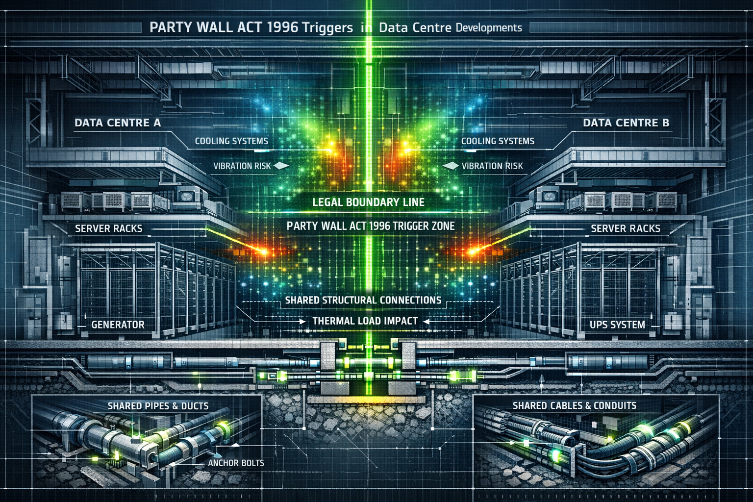 Technical architectural visualization focusing on Party Wall Act 1996 triggers in data centre developments. Cross-sectional