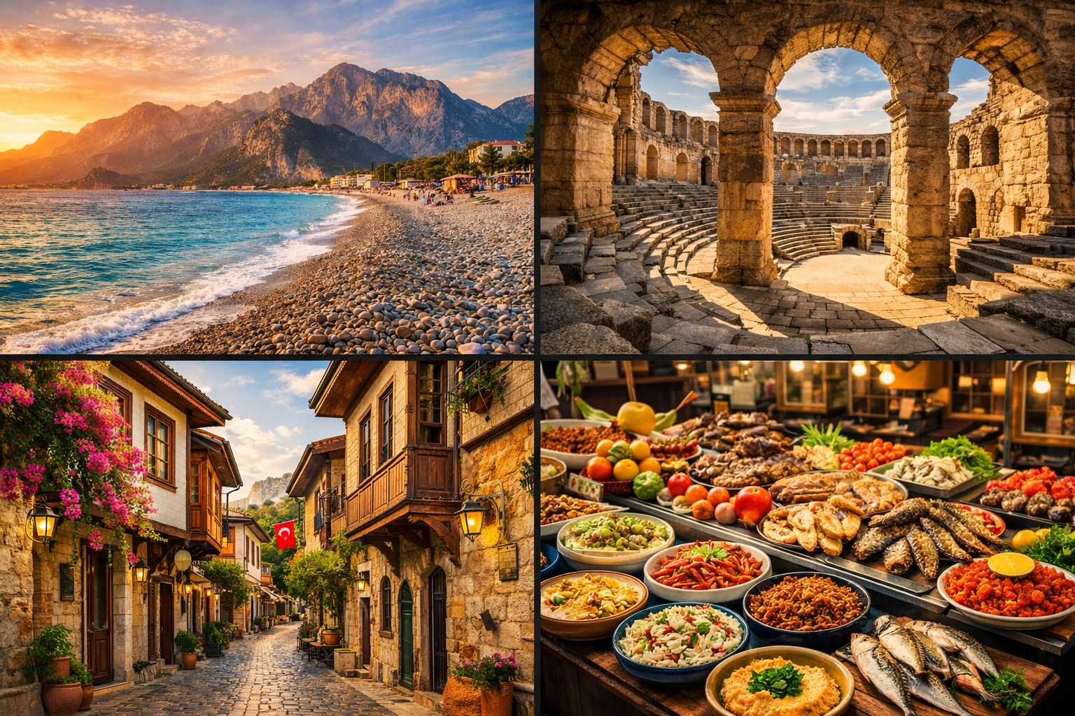() editorial travel collage showing four distinct Antalya scenes arranged in a dynamic grid: top-left shows Konyaaltı Beach