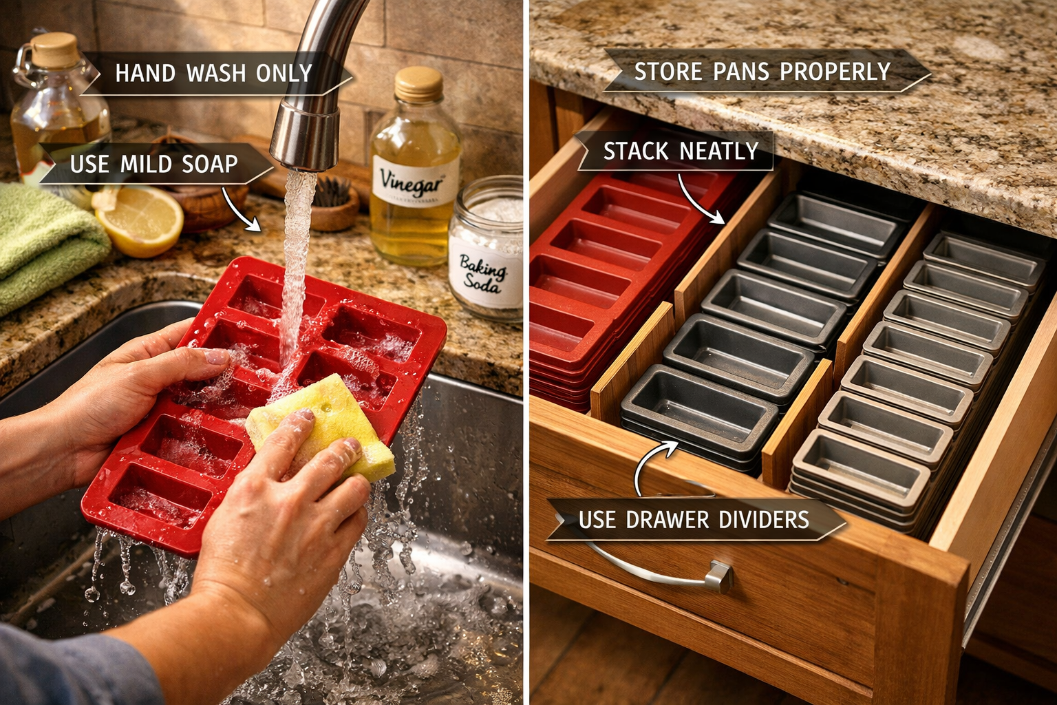 Professional kitchen scene showing financier pan maintenance and care process, split composition displaying proper cleaning technique on lef