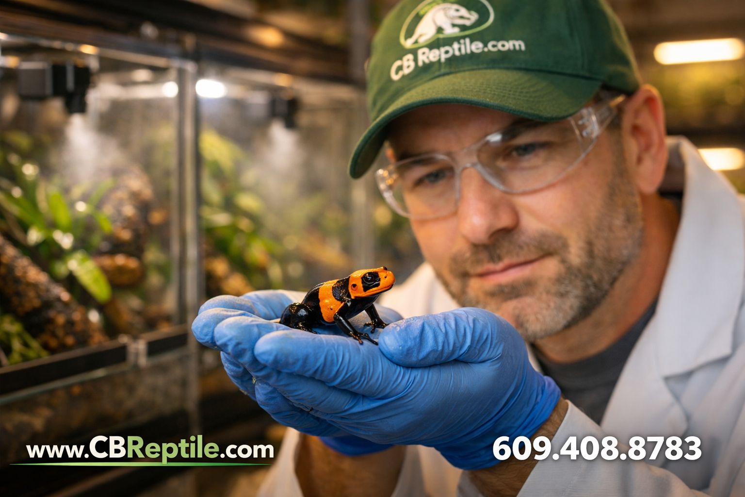 () editorial image showing a professional reptile breeder in a clean, well-lit facility carefully examining a small colorful