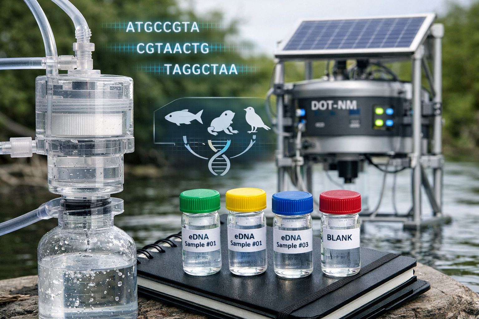 Detailed () image showing close-up of eDNA sampling equipment in action: transparent water filtration system with 0.22