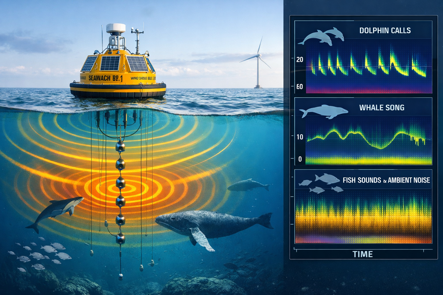 Detailed () image depicting acoustic monitoring technology deployment: SEAWATCH Wind Lidar Buoy floating in calm ocean