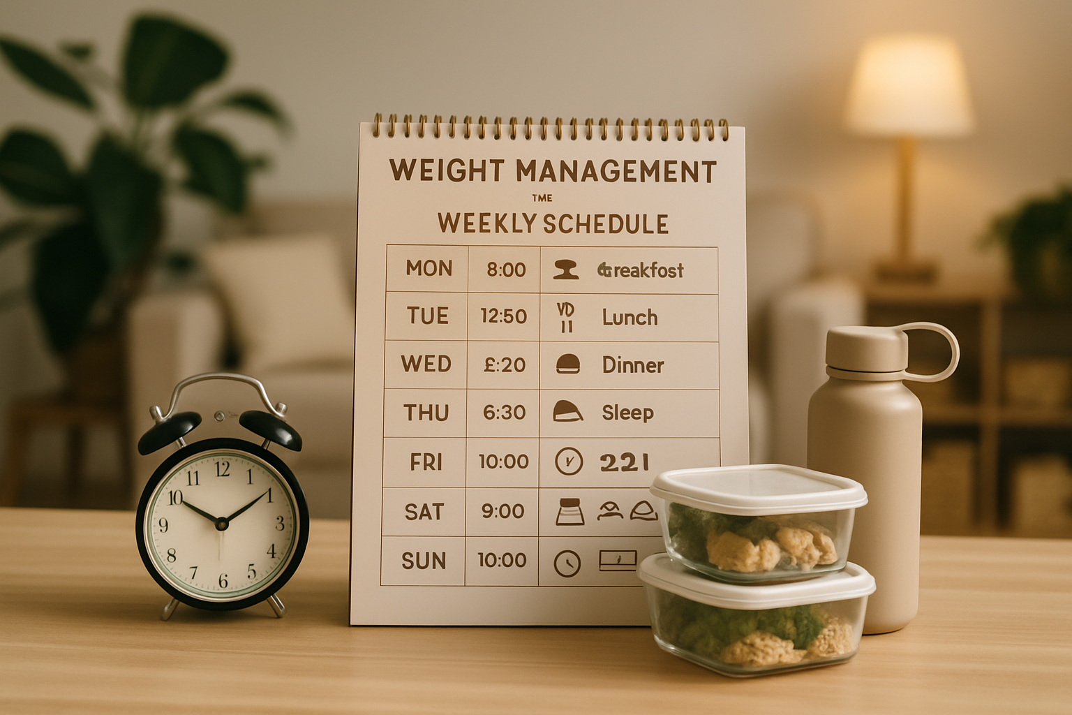 Professional lifestyle photography showing daily routine structure for weight management. Clean, organized scene featuring a weekly schedule