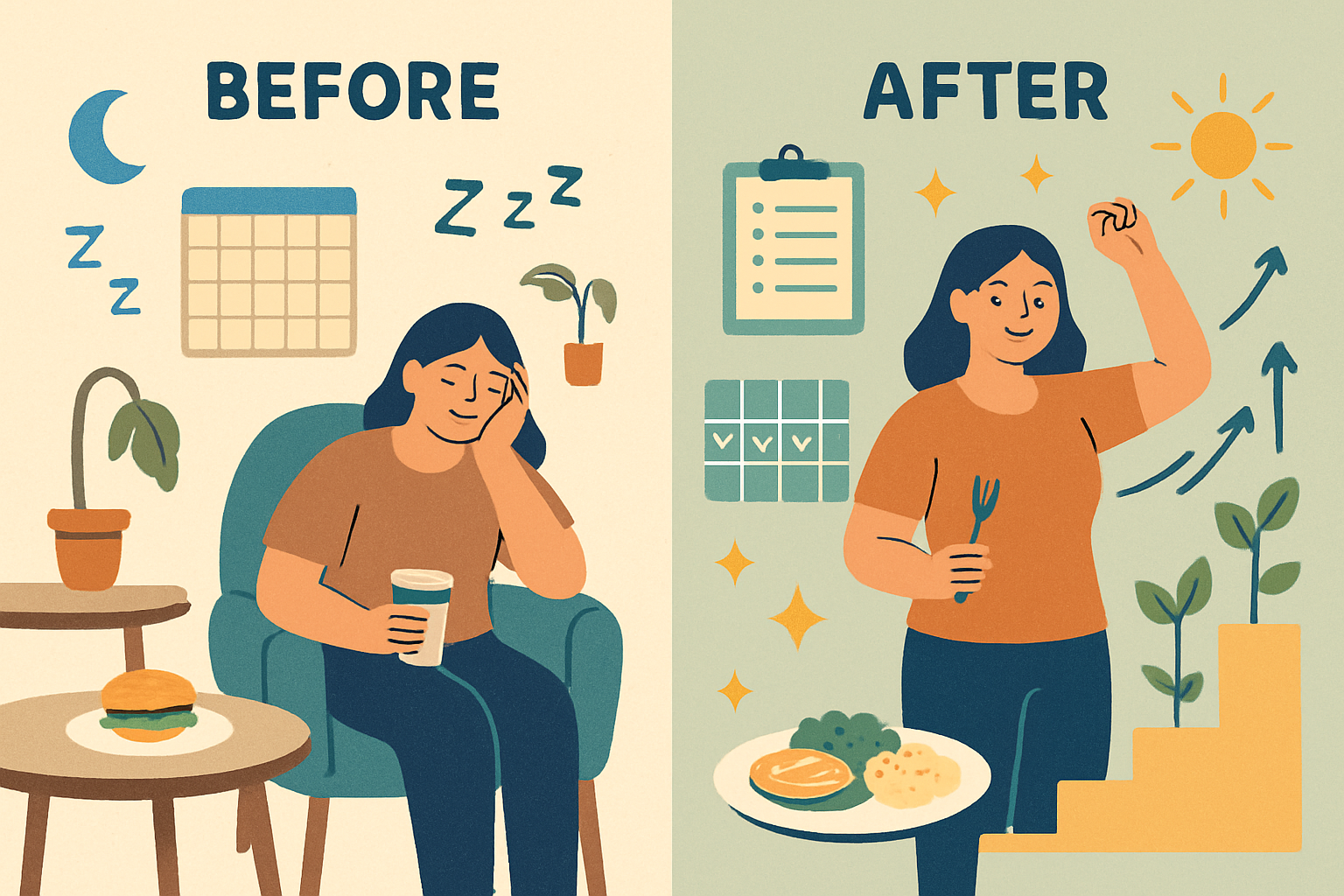 Inspiring transformation concept image showing long-term sustainable results through structure and consistency. Before and after lifestyle c