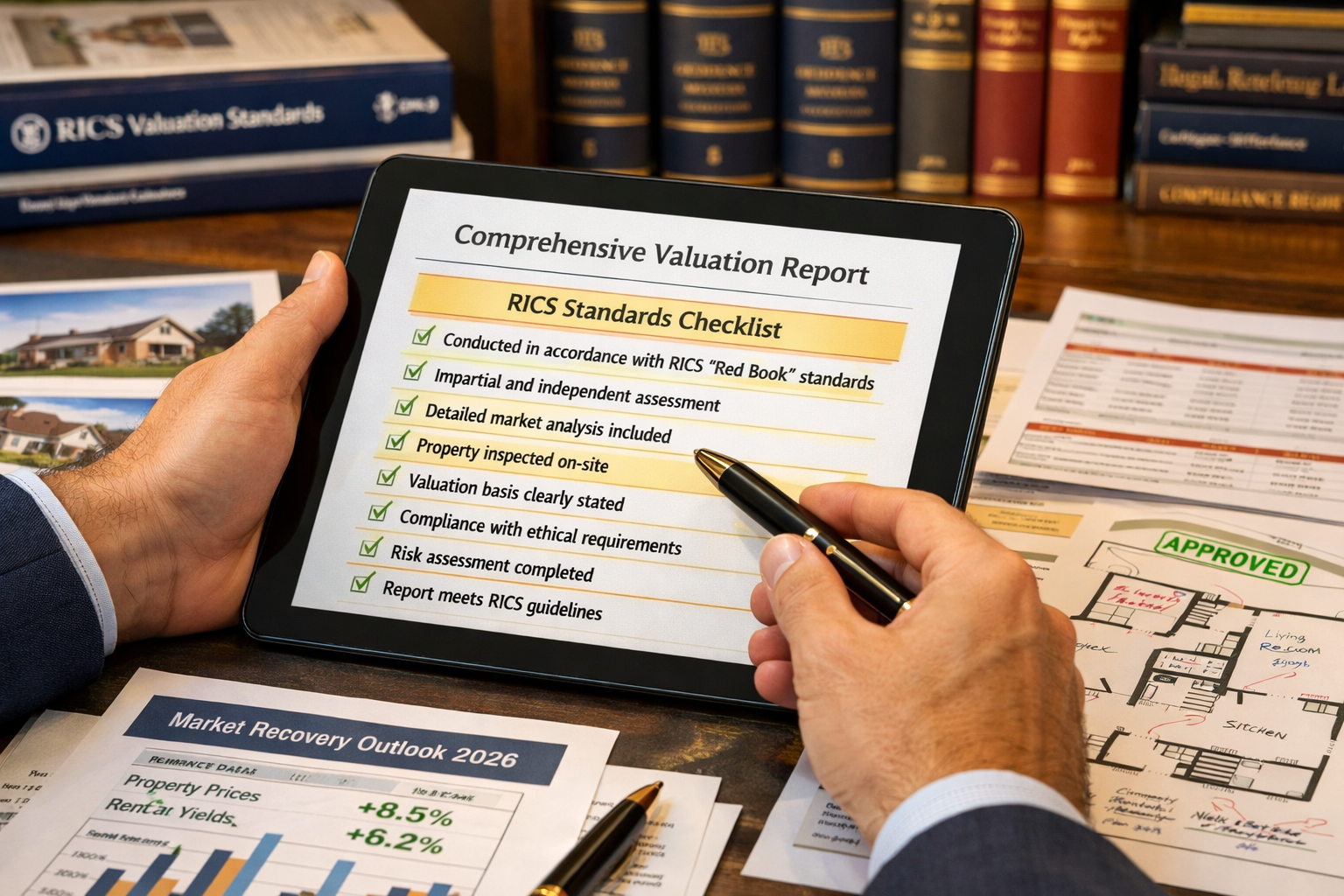Detailed () image showing close-up of professional surveyor's hands reviewing comprehensive valuation report with