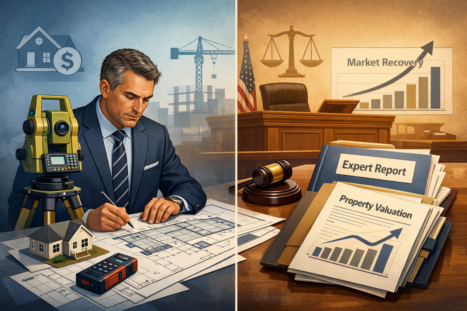 A professional editorial-style illustration depicting the nuanced role of Expert Witness Surveyors in recovering real estate