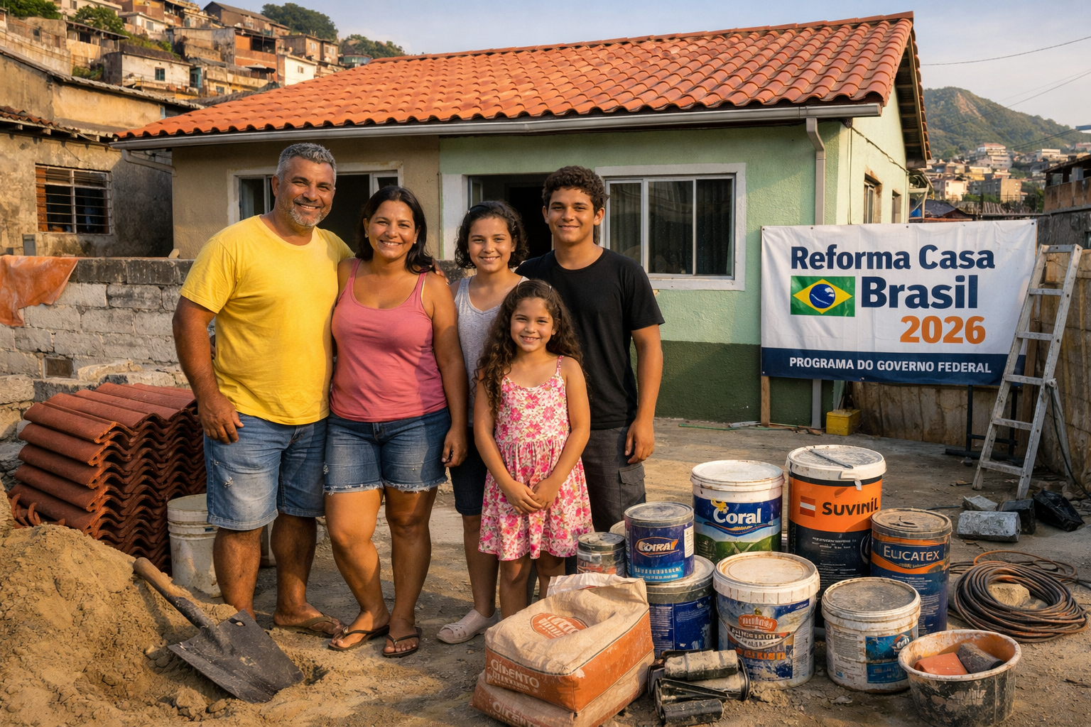 Wide-angle editorial photograph of a Brazilian family standing proudly in front of their freshly renovated urban home in Rio