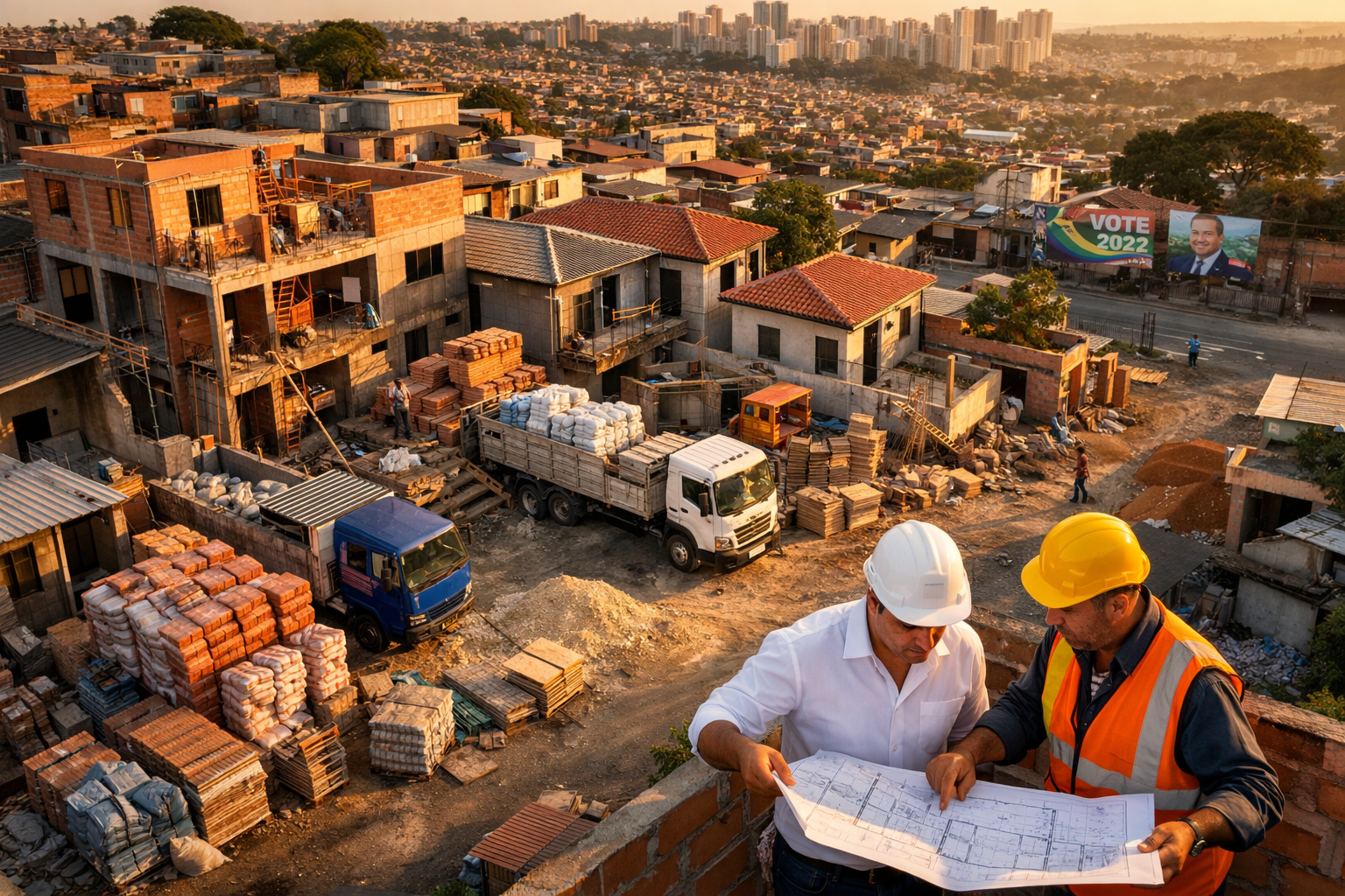 Aerial drone-perspective photograph of a Brazilian metropolitan construction zone showing urban housing renovation activity