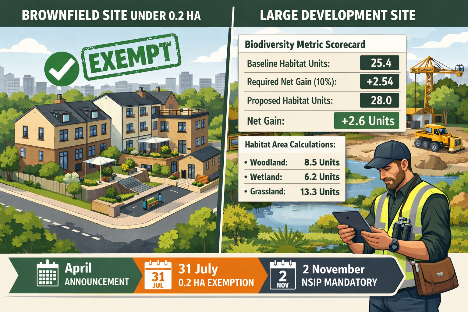 Detailed () infographic-style illustration showing a split-scene comparison: left side depicts a compact brownfield