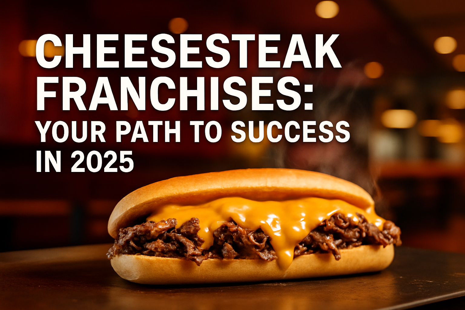 Professional landscape hero image (1536x1024) featuring bold text overlay 'Cheesesteak Franchises: Your Path to Success in 2025' in extra la