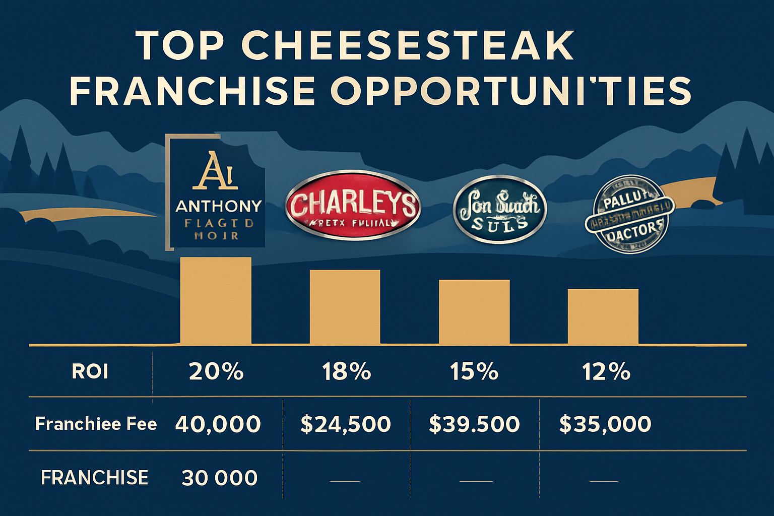 Detailed landscape image (1536x1024) showing comparison chart of top cheesesteak franchise opportunities with branded logos, investment leve